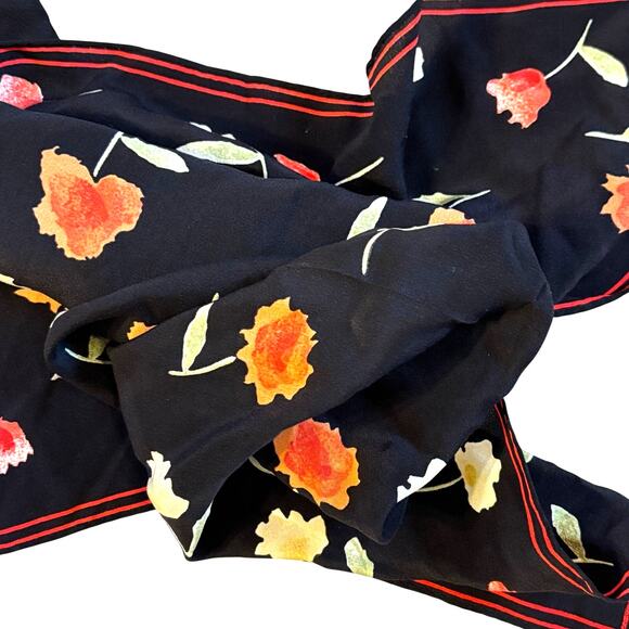 Silky Scarf Black & Multicolor floral neckerchief red green yellow small square - Picture 5 of 6